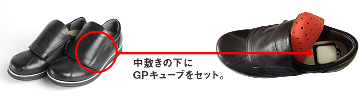 GPキューブ(超小型GPS端末)をかかと部分にセット。